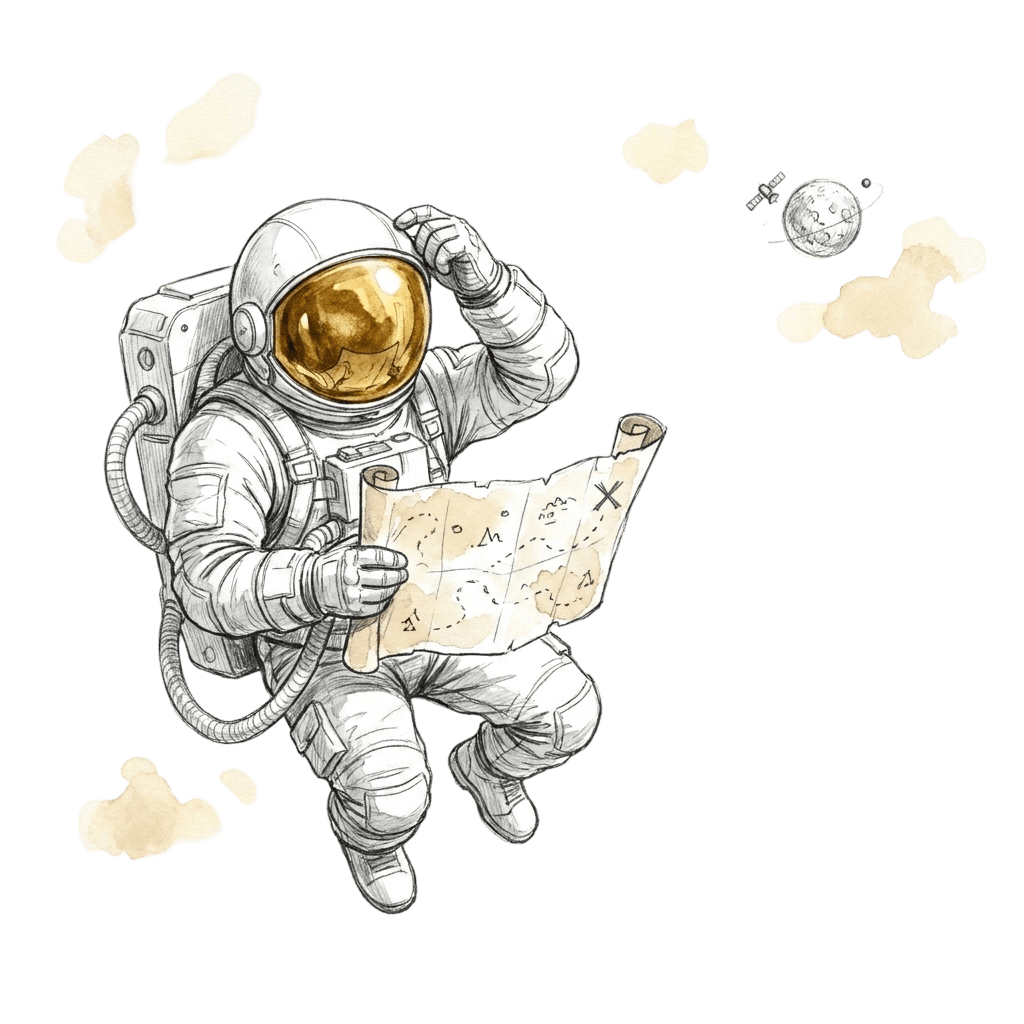 Ein Astronaut hat sich im Weltall verirrt und studiert eine Sternenkarte